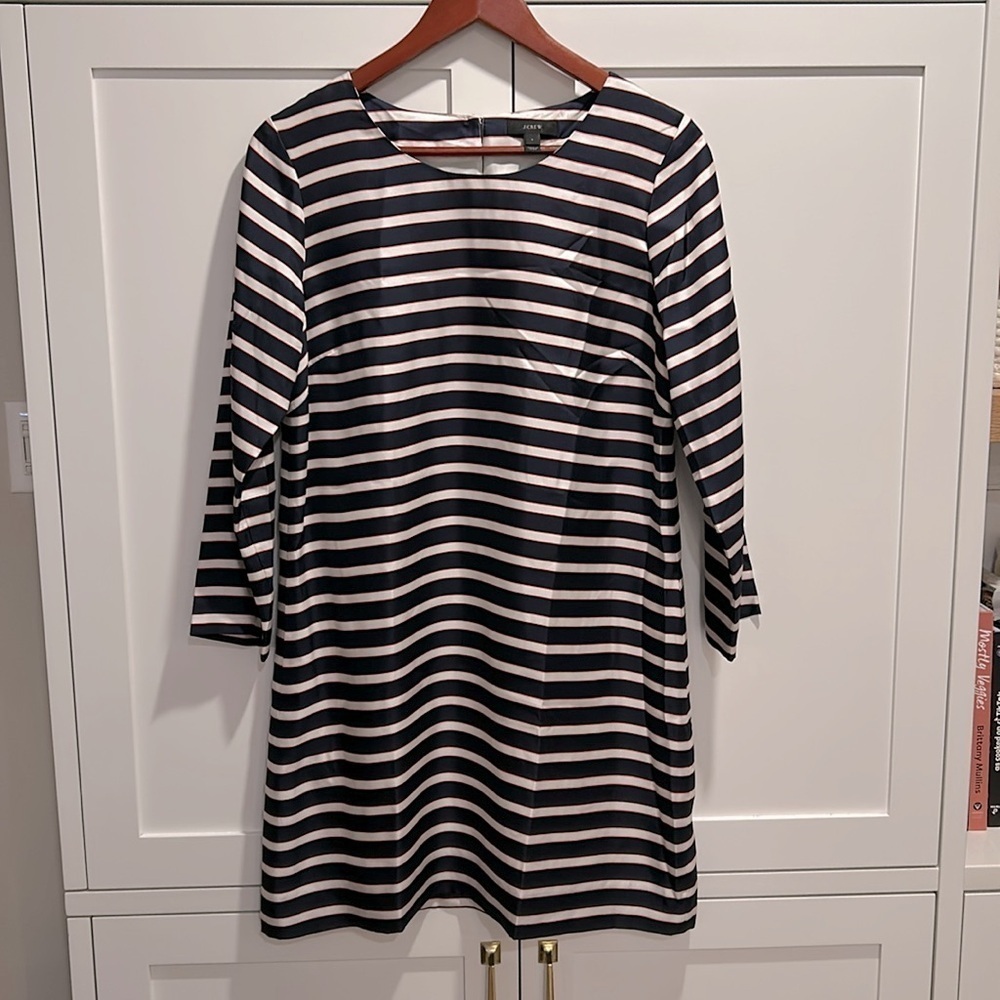 J. Crew Silk Fully Lined Dress Stripped Mini Navy blue/white/red Pockets sz 6